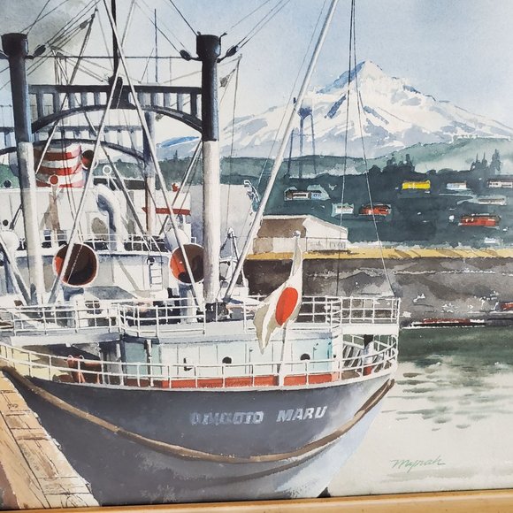 FRAMED NEWMAN MYRAH WATERCOLOR, Portland, Oregon Dock, Harbor - Picture 4 of 11